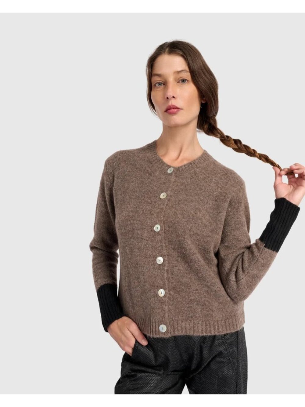 Alembika Blackbird Cardigan Hazelnut Black Womens One Size Wool Blend Minimalist